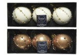 Decoris Gedecoreerde Kerstballenset van glas set a 3 ballen dia 8cm in kleuren wol wit OF camel brown