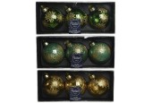 Decoris Boule de Noël décorée en verre, lot de 3 boules dia 8 cm en couleurs vert sapin OU vert sauge OU or clair