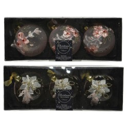 Decoris Gedecoreerde Kerstballenset van glas set a 3 ballen dia 8cm in kleuren pink flower OF white flower
