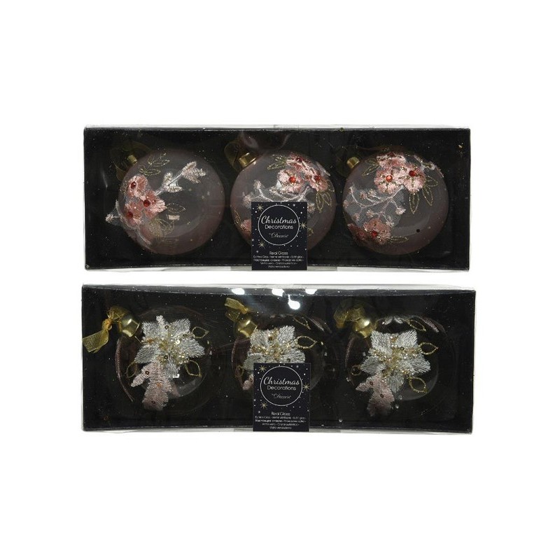 Decoris Gedecoreerde Kerstballenset van glas set a 3 ballen dia 8cm in kleuren pink flower OF white flower