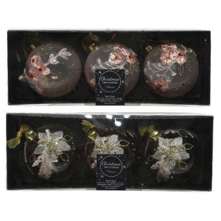 Decoris Gedecoreerde Kerstballenset van glas set a 3 ballen dia 8cm in kleuren pink flower OF white flower