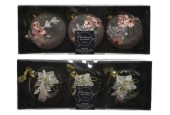 Decoris Gedecoreerde Kerstballenset van glas set a 3 ballen dia 8cm in kleuren pink flower OF white flower