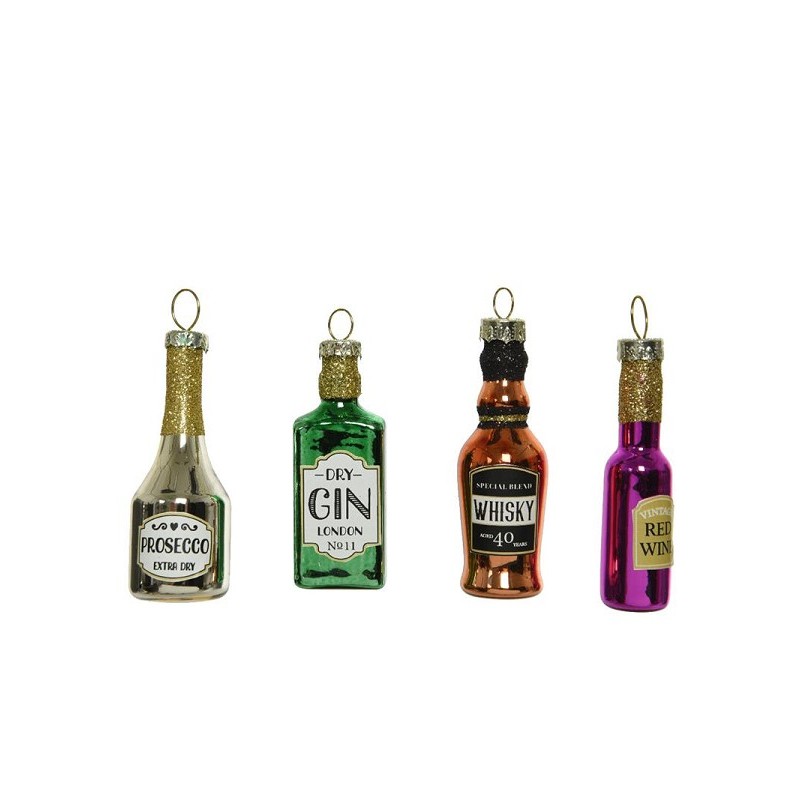 Décorations de Noël en verre Decoris en forme de bouteilles d'alcool, lot de 4 pièces