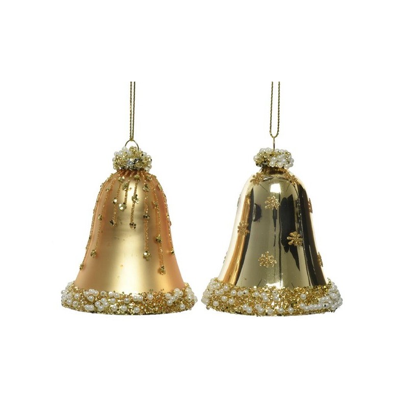 Decoris Glazen kerstornamenten in vorm van gedecoreerde glazen  klokjes dia 6.5cm x 8 cm licht goud