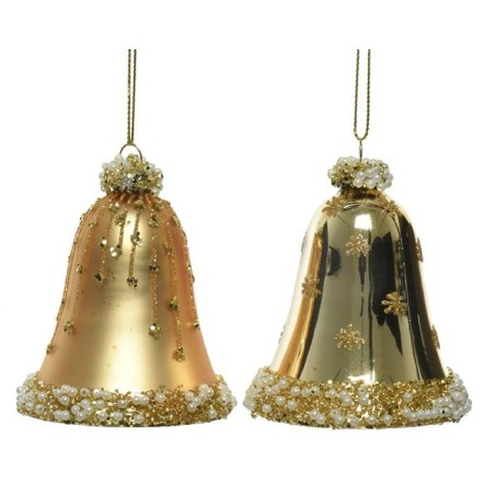 Decoris Boules de Noël en verre sous forme de cloches en verre décorées dia 6,5 cm x 8 cm or clair