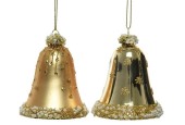Decoris Glazen kerstornamenten in vorm van gedecoreerde glazen  klokjes dia 6.5cm x 8 cm licht goud
