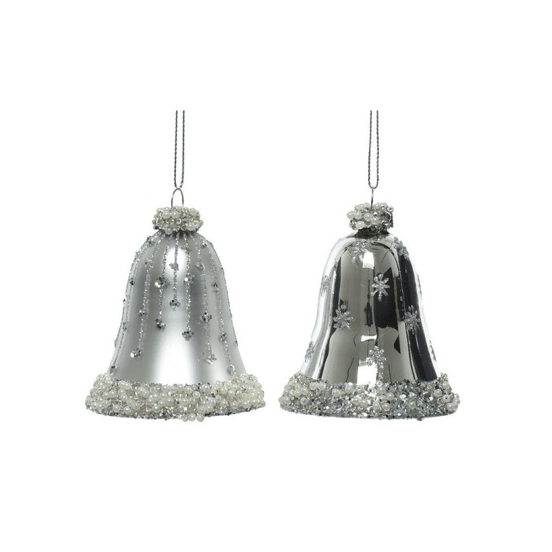 Decoris Boules de Noël en verre en forme de cloches décorées dia 6,5 cm x 8 cm argent