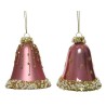 Decoris Boules de Noël en verre en forme de cloches décorées dia 6,5 cm x 8 cm velours rose