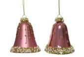 Decoris Boules de Noël en verre en forme de cloches décorées dia 6,5 cm x 8 cm velours rose