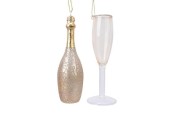 Décoration de Noël en verre Decoris en forme de bouteille de champagne et verre 12,5 cm emballée dans une boîte cadeau