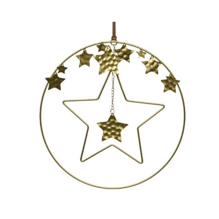 Decoris pendentif décoration de Noël cercle doré avec étoiles dia 25cm, fer avec pendentif en cuir