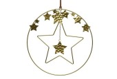 Decoris pendentif décoration de Noël cercle doré avec étoiles dia 25cm, fer avec pendentif en cuir
