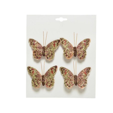 Decoris kerstdecoratie Vlinder stof op clip roze set a 4 stuks 9x6cm