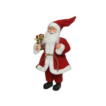 Decoris Père Noël avec paquet en costume de Noël rouge traditionnel 14x25x45cm