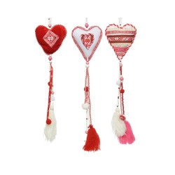 Decoris pendentif déco Coeur textile 9x1,5x55cm rouge-blanc avec pompons et perles