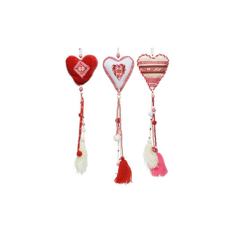 Decoris decohanger Hart textiel  9x1,5x55cm rood-wit met kwastjes en kralen