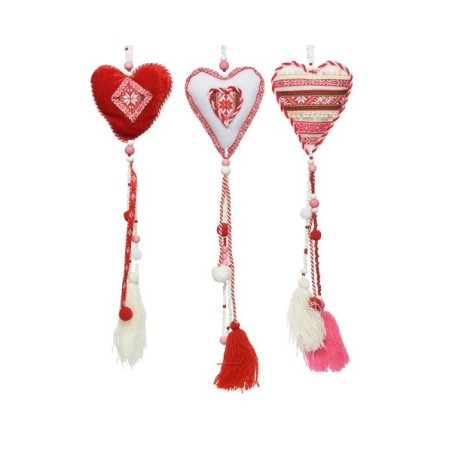 Decoris pendentif déco Coeur textile 9x1,5x55cm rouge-blanc avec pompons et perles