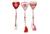 Decoris decohanger Hart textiel  9x1,5x55cm rood-wit met kwastjes en kralen