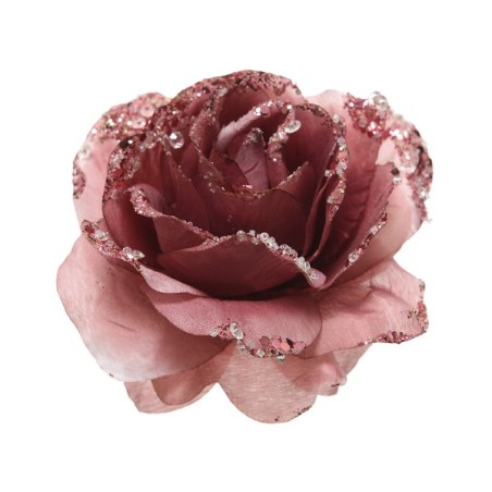 Decoris Décoration de Noël Rose sur pince polyester velours rose dia14x8.5cm