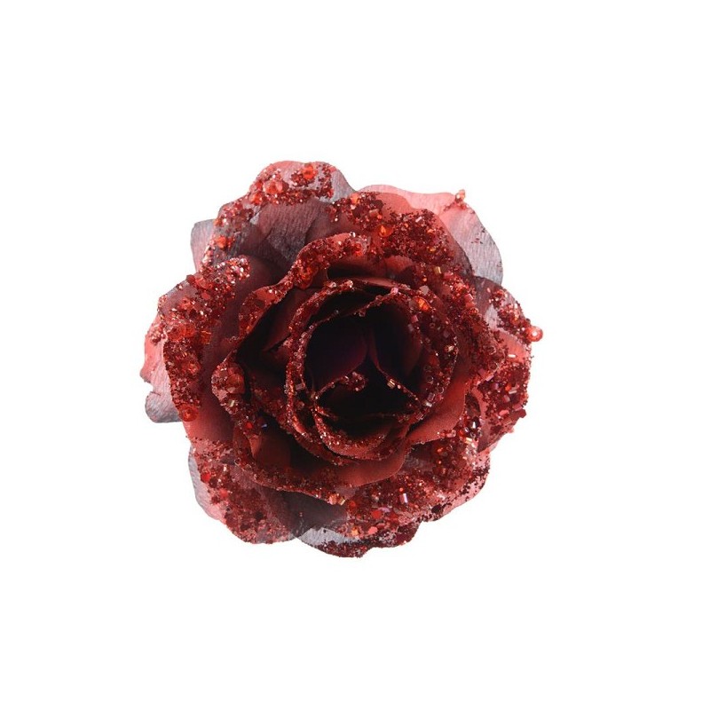 Decoris kerstdecoratie Roos op clip polyester ossenbloed dia14x8,5cm