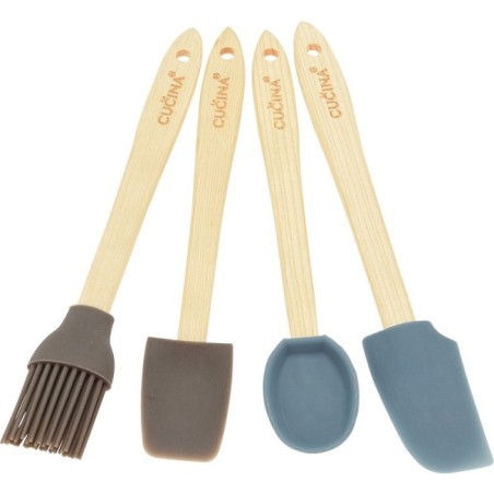 Ensemble d'ustensiles de cuisine 4 pièces bois/silicone : cuillère de service, pinceau à pâtisserie, 2 x grattoirs à poêle