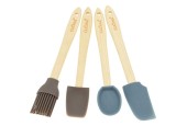 Ensemble d'ustensiles de cuisine 4 pièces bois/silicone : cuillère de service, pinceau à pâtisserie, 2 x grattoirs à poêle
