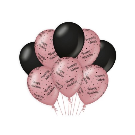 Paperdreams Decoration balloons roze/zwart - Happy birthday Verpakking a 8 stuks