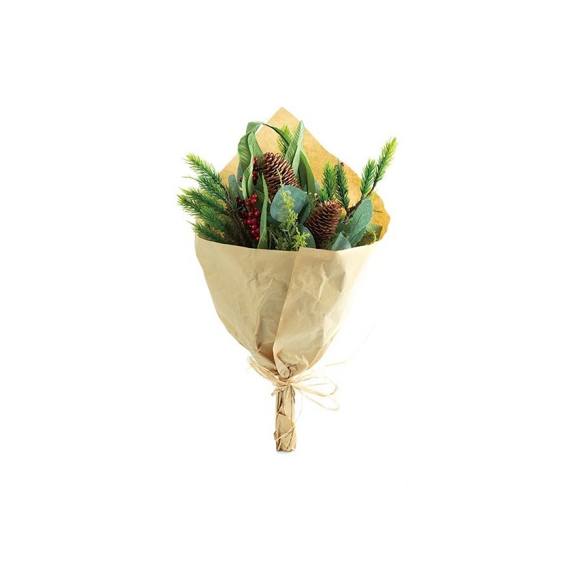 Bouquet de fleurs artificielles multicolores 26x25x46cm avec pommes de pin et brindilles de Noël dans un emballage en papier