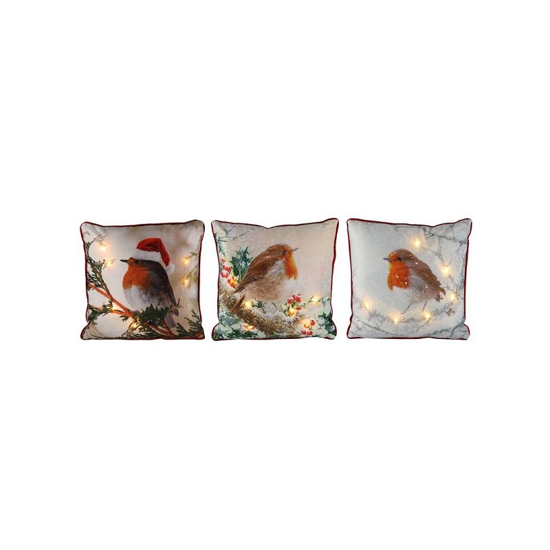 Coussin avec 6 lumières LED rouge-gorge en 3 designs 40x40cm (batterie incl)