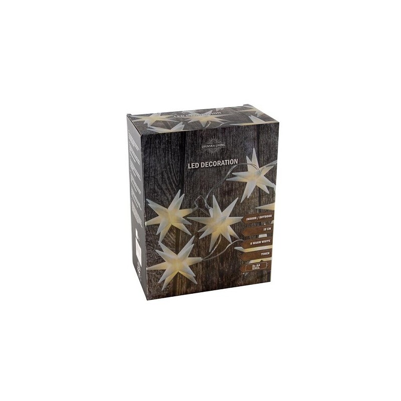 string verlichiting ster wit van kunststof 12cm met 6 LED lampen warm wit en timer werkt op 3xAA(excl)