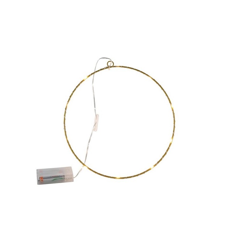 Decokrans 25cm van metaal goudkleurig met 10 led lampen werkt op 3xAA(excl)