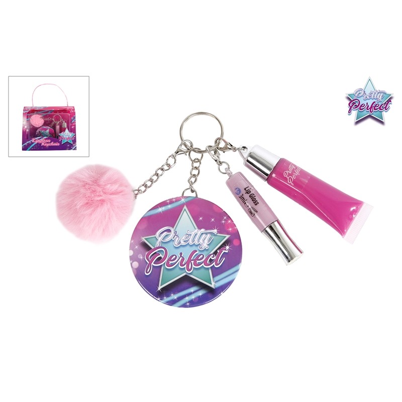 Porte-clés pompon Pretty Perfect avec 2x brillant à lèvres et miroir rose