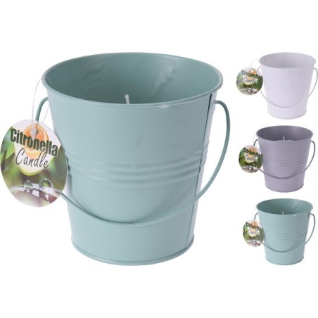Seau en métal bougie citronnelle 10x10cm, disponible en différentes couleurs.