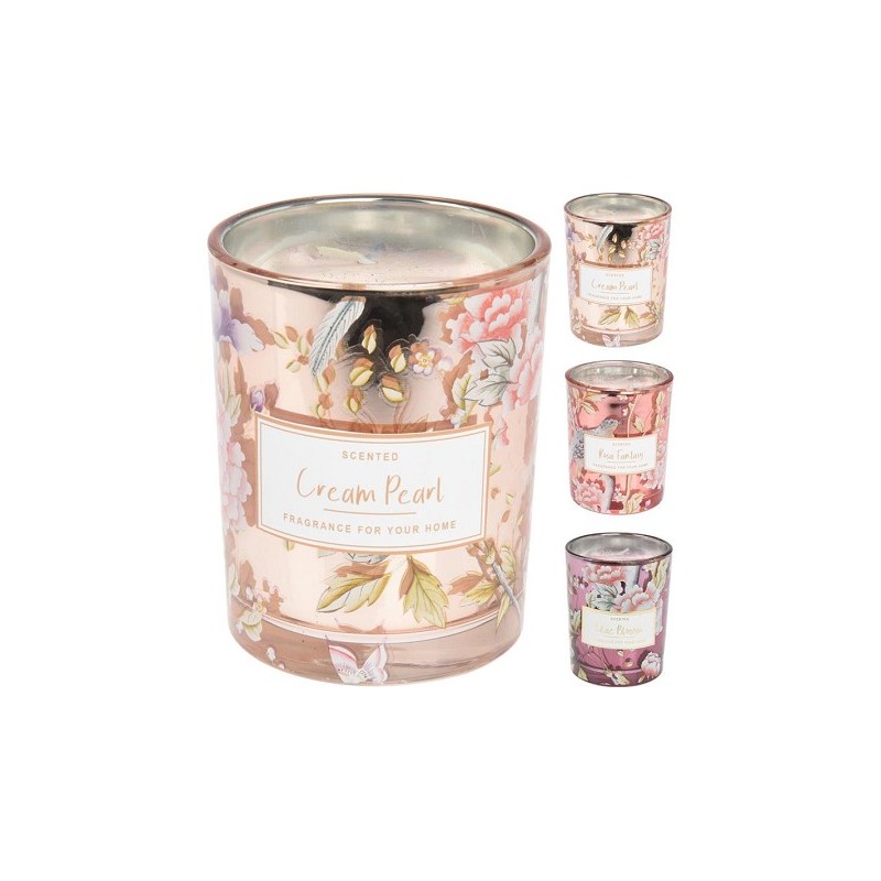 Geurkaars in glas met bloemen 10cm metallic look