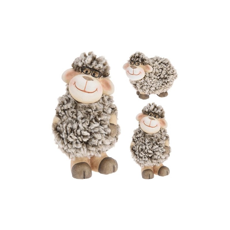 Mouton en céramique et laine, avec lunettes 15cm gris Mouton en céramique et laine, avec lunettes 15cm gris