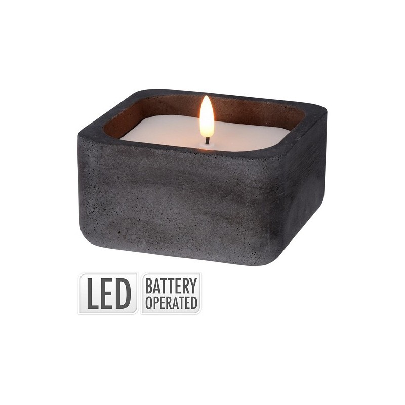 Kaars LED in vierkante zwarte pot van beton 12,5x12,5cm