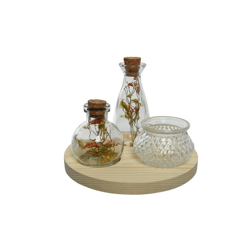 Assiette inférieure Decoris avec décoration 2 bouteilles de fleurs séchées, 1 bougie chauffe-plat et assiette inférieure Ø18-H35