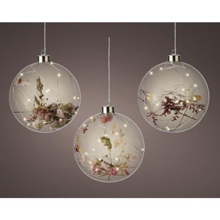 Boule lumineuse Lumineo Micro LED avec fleurs séchées Ø14cm sur batterie avec minuterie 6 heures pour usage intérieur