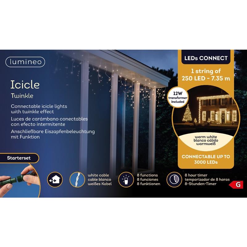 Icicle lumineux connectable à LEDs Lumineo blanc chaud 735cm - 250L (Cordon blanc). Y compris le cordon de démarrage (câble vert