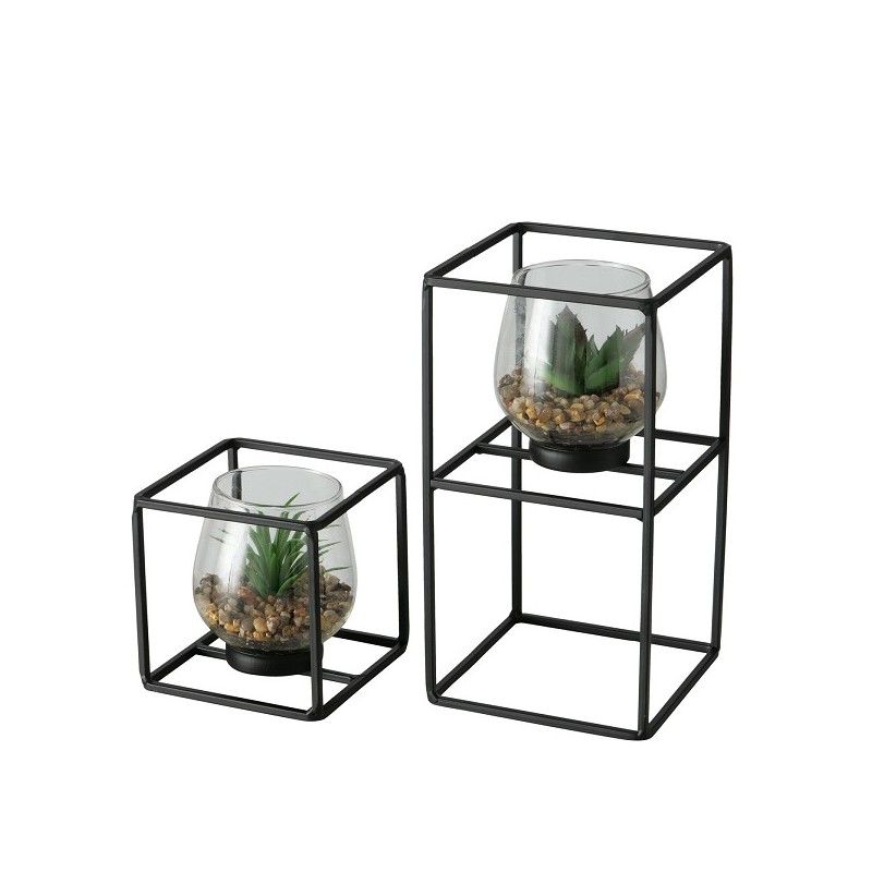 Boltze Home plante artificielle en pot en verre et support en métal noir Sabia ensemble de 2 pièces 11x11/13x24cm