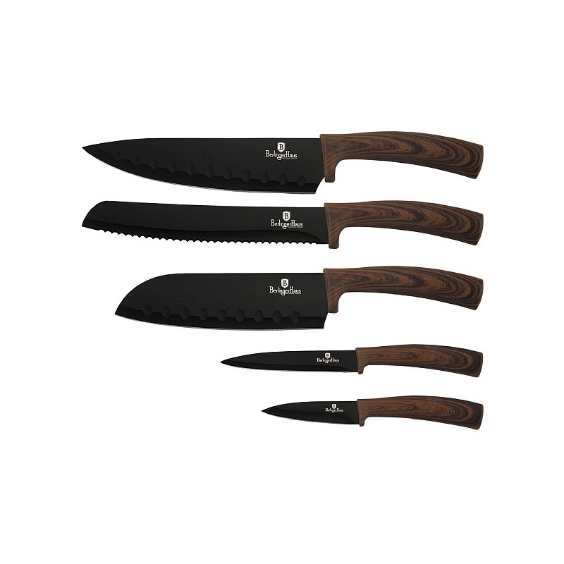 Ensemble de couteaux 5 pièces en acier inoxydable aspect bois avec revêtement en marbre.
