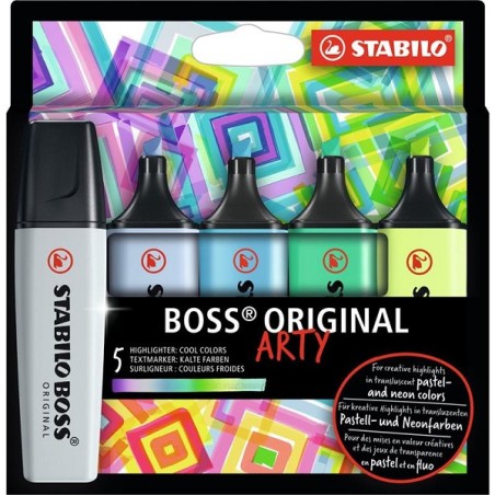 Surligneurs Stabilo Boss Original Arty dans un étui en carton avec 5 couleurs - couleurs cool