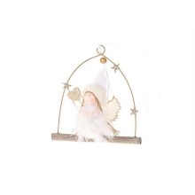 HBX natural living Hanger engel Ada op boomstammetje met veren en textiel 15x5xh17,5cm