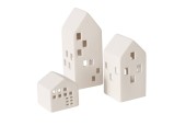 Boltze Home Theelichthouder Hans huisjes keramiek wit set a 3 stuks H7cm, H14cm en H18,5cm
