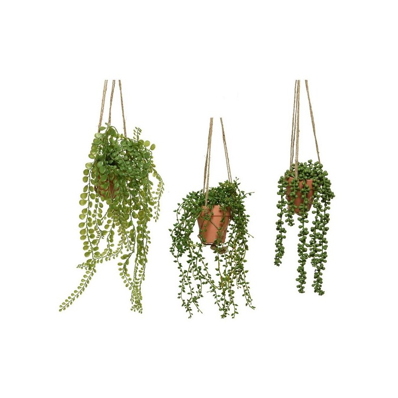 Decoris Kunststof Hangplant in pot polyester 10x10x40cm 3 assorti
