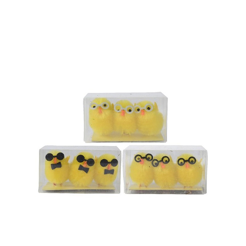 Decoris Kuiken chenille met bril 3-delig 3x3x4cm 3 assorti