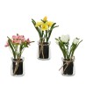 Decoris kunstplant voorjaars bloemen in glazen pot polyester 5,5x5,5x16cm narcis - tulp - violtje 3 assorti