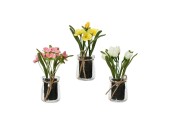 Decoris kunstplant voorjaars bloemen in glazen pot polyester 5,5x5,5x16cm narcis - tulp - violtje 3 assorti