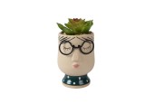 Decoris Kunstplant succulent in pot met gezicht  keramiek 7,8x7,2x13,5cm