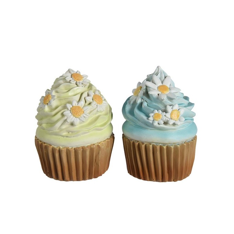 Decoris Decoratieve Beeld Cupcakes van polyresin 7x7x9cm 2 assorti handgemaakt